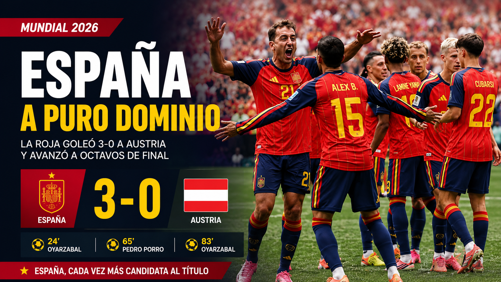 España goleó 3-0 a Austria, rompió la maldición de las eliminatorias y avanzó a octavos del Mundial 2026 con Oyarzabal como gran figura.