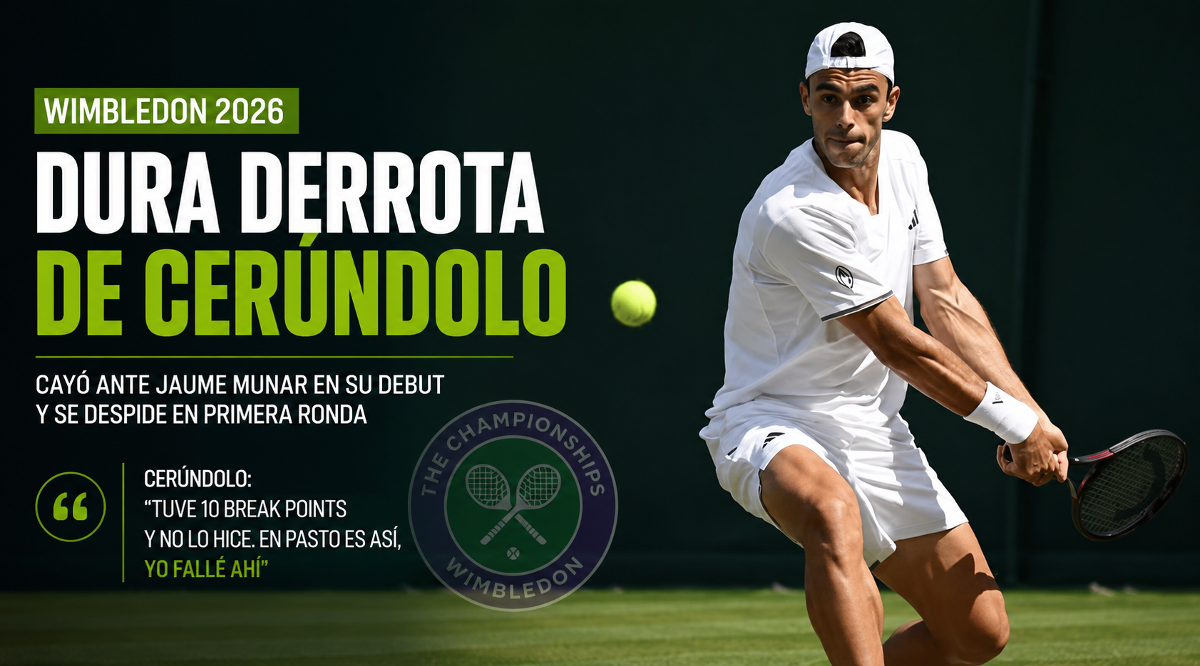 Francisco Cerúndolo quedó eliminado en la primera ronda de Wimbledon 2026 tras caer ante Jaume Munar. Perderá posiciones en el ranking ATP.