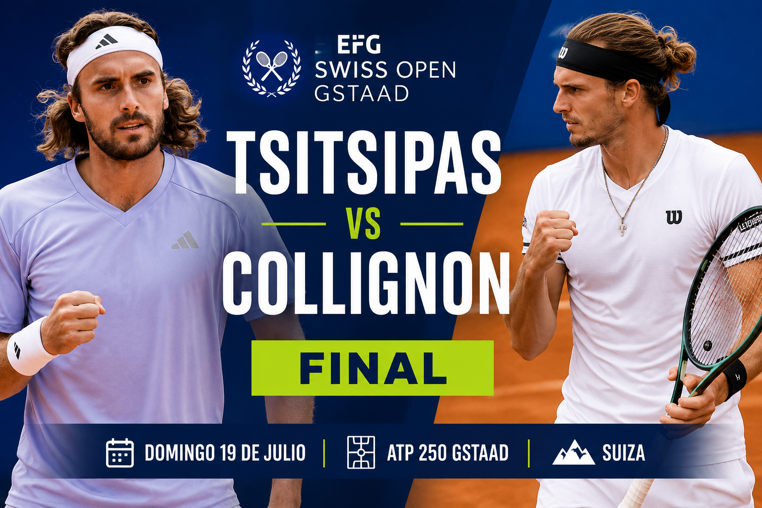 Stefanos Tsitsipas y Raphael Collignon definirán el ATP 250 de Gstaad en una final inédita que enfrenta experiencia, jerarquía y una de las grandes revelaciones de la temporada.