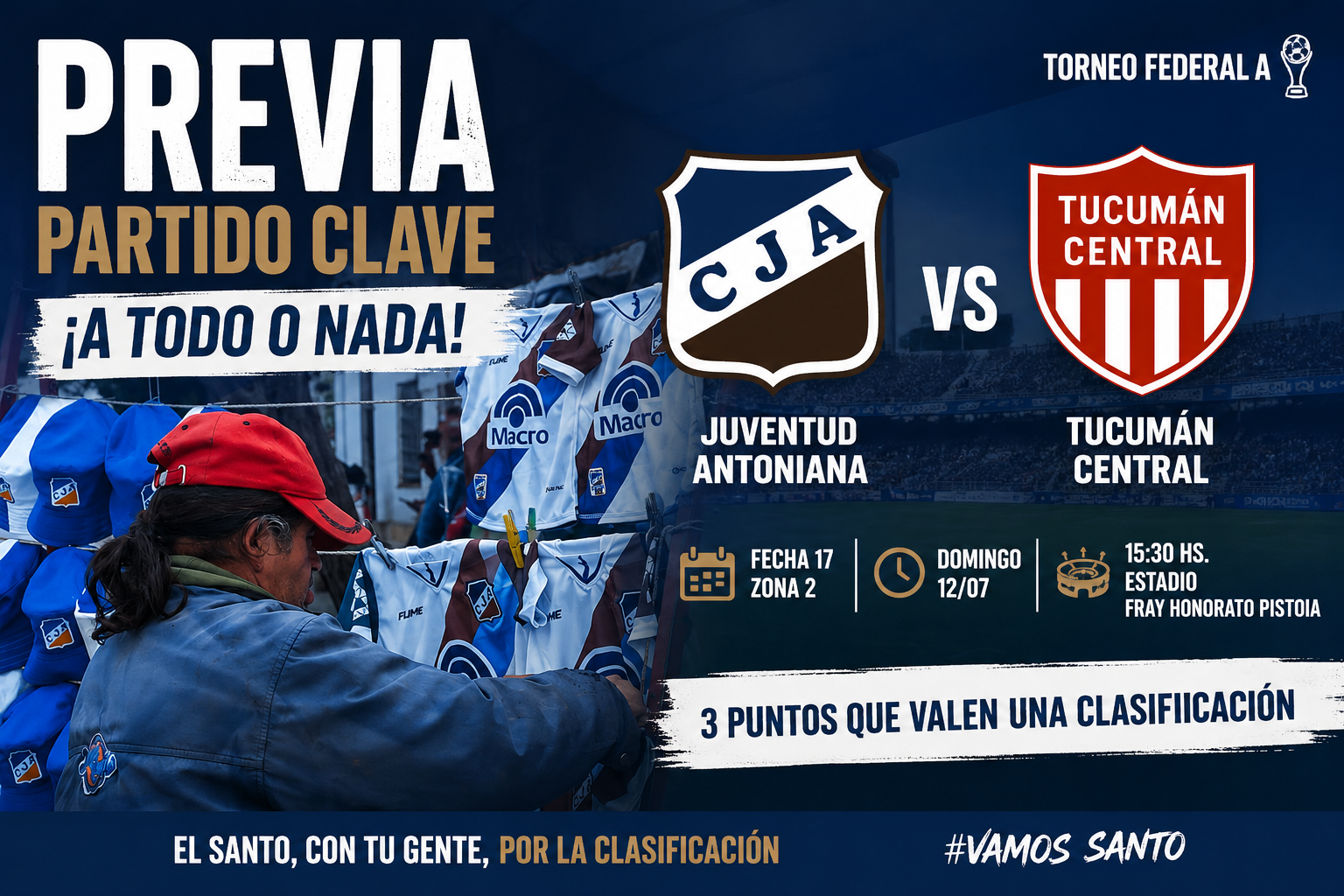 Juventud Antoniana y Tucumán Central protagonizan un duelo decisivo por la fecha 17 del Federal A, con ambos equipos obligados a sumar para mantener vivas sus aspiraciones de clasificación.