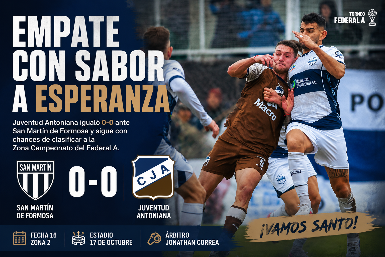 Juventud Antoniana igualó 0-0 ante San Martín de Formosa y mantiene chances de clasificar a la Zona Campeonato del Federal A.