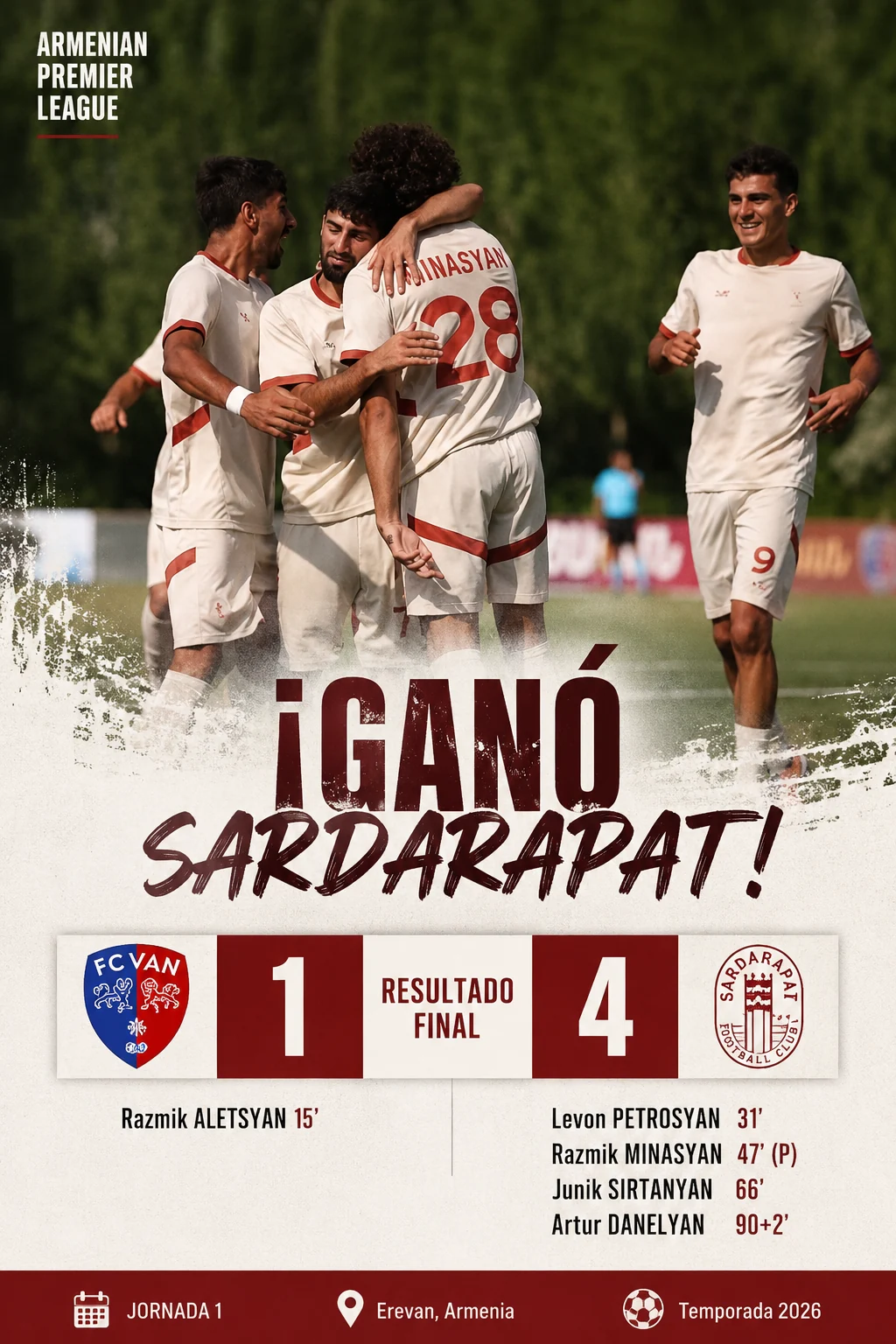 Sardarapat derrotó 4-1 a Van y comenzó como líder de la Premier League de Armenia.