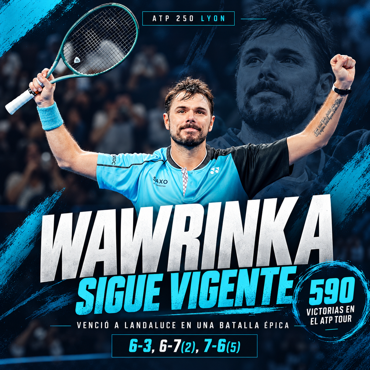 Stan Wawrinka venció a Martín Landaluce en tres sets en el ATP de Lyon y alcanzó las 590 victorias en el circuito profesional.