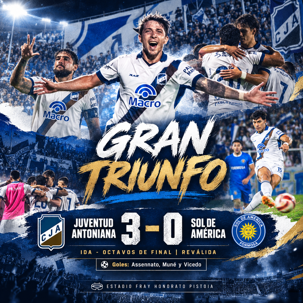 Juventud Antoniana goleó 3-0 a Sol de América con goles de Assennato, Muné y Vicedo y quedó muy cerca de los cuartos del Federal A.