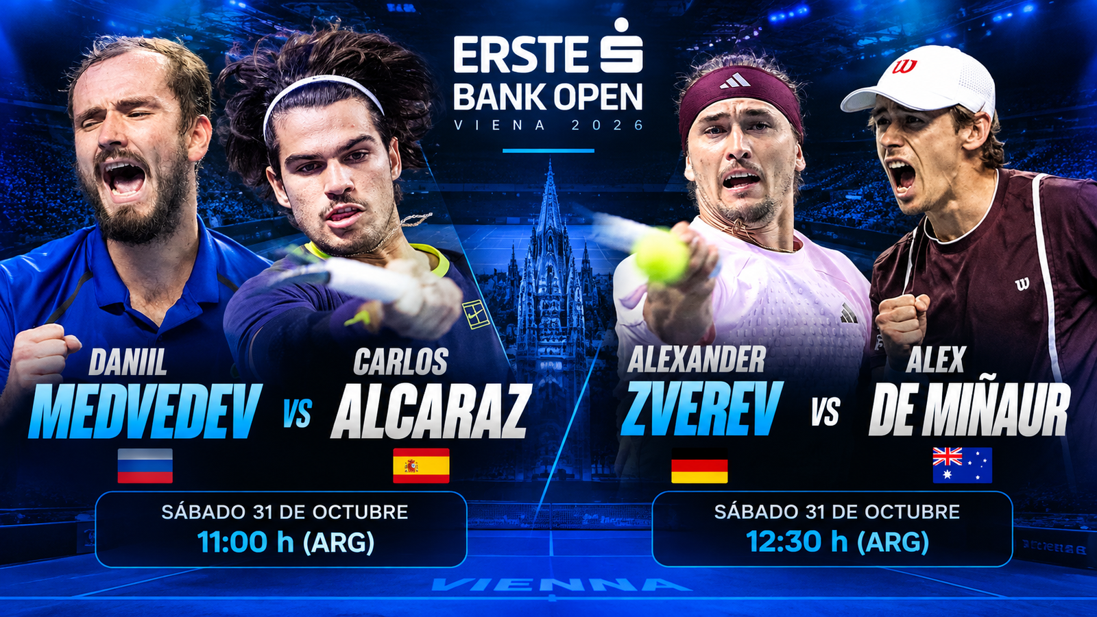 Alcaraz-Medvedev y Zverev-De Miñaur protagonizan las semifinales del ATP 500 de Viena, con el título y la clasificación a Turín en juego.