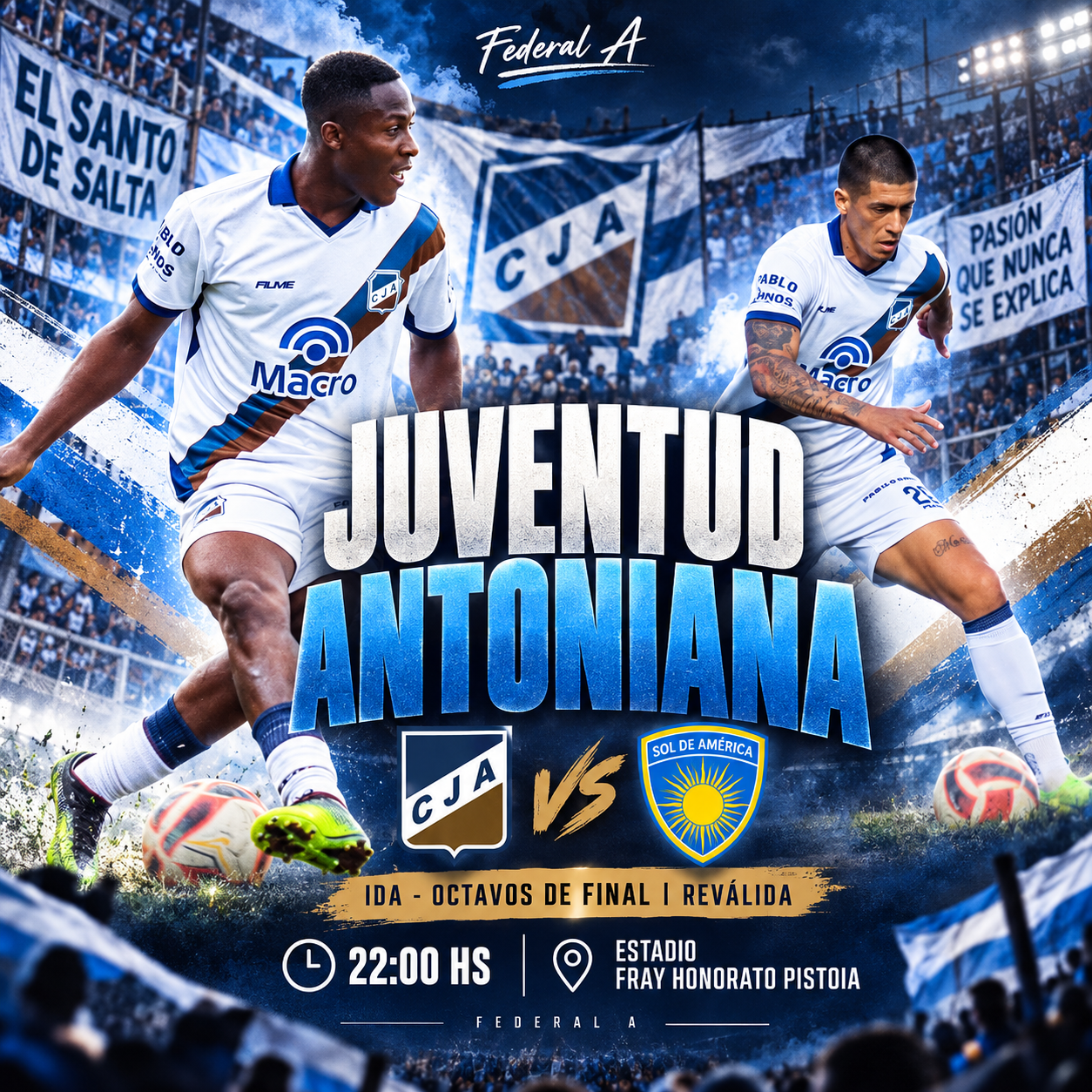 Juventud Antoniana recibe este viernes desde las 22 a Sol de América de Formosa, en el estadio Fray Honorato Pistoia, por la ida de los octavos de final de la Reválida del Torneo Federal A. El Santo buscará hacerse fuerte en Salta y sacar una diferencia antes de la revancha, ante un rival que cuenta con ventaja deportiva en caso de igualdad global.
