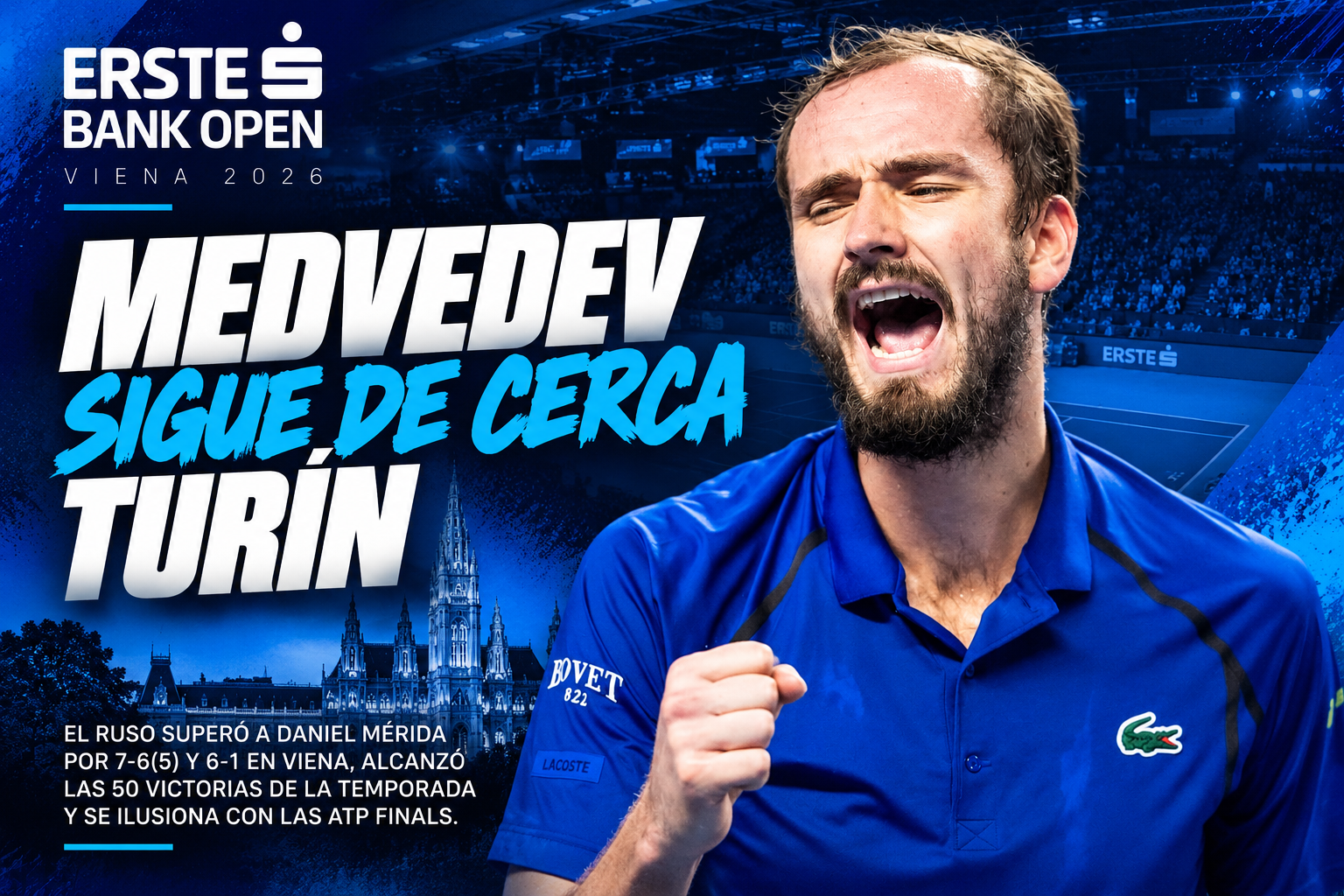 Medvedev se acercó a las ATP Finals, De Miñaur avanzó y Musetti eliminó a Tiafoe en una jornada decisiva del ATP 500 de Viena.
