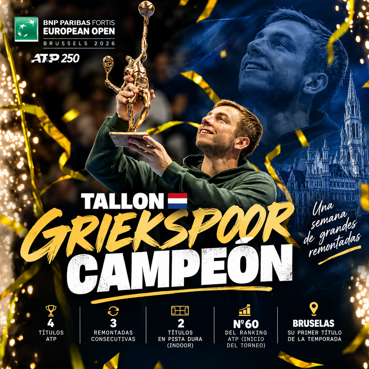 Griekspoor campeón del ATP Bruselas 2026 tras remontar ante Struff por 4-6, 6-3 y 6-4. El neerlandés conquistó su cuarto título ATP.