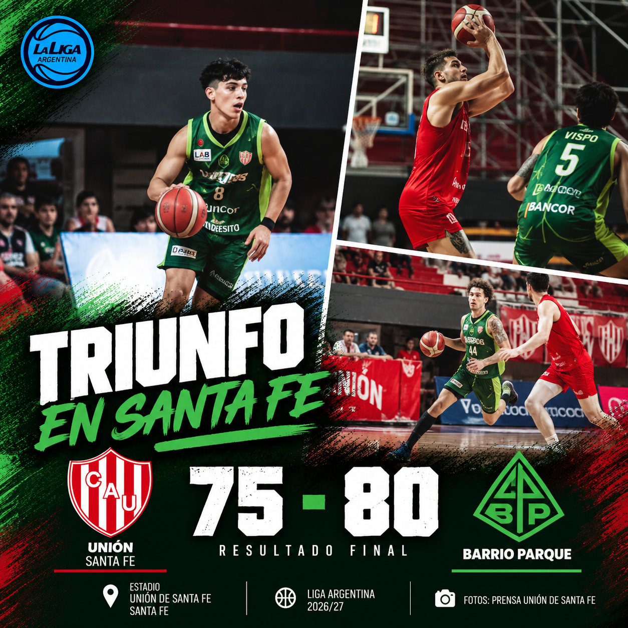 Barrio Parque venció 80-75 a Unión de Santa Fe y sumó su segunda victoria consecutiva en la Liga Argentina 2026/27.