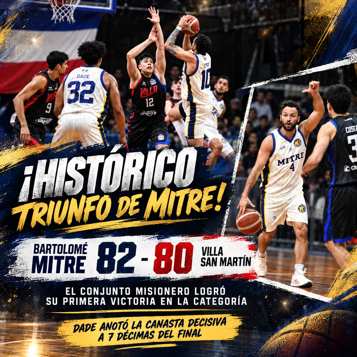 Bartolomé Mitre hizo historia en la Liga Argentina: venció 82-80 a Villa San Martín con un doble decisivo de Matthew Dade