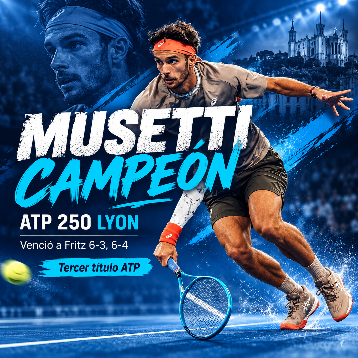 Lorenzo Musetti se consagró campeón del ATP Lyon 2026 tras vencer a Taylor Fritz por 6-3 y 6-4. El italiano conquistó su tercer título ATP.
