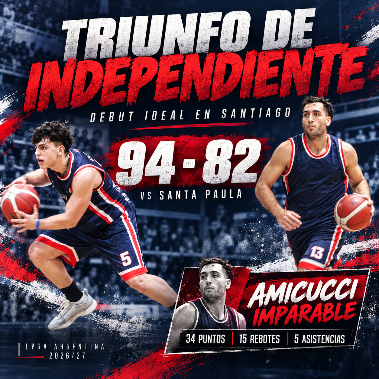 Independiente BBC debutó con triunfo en la Liga Argentina al vencer 94-82 a Santa Paula, con una actuación extraordinaria de Cristian Amicucci.