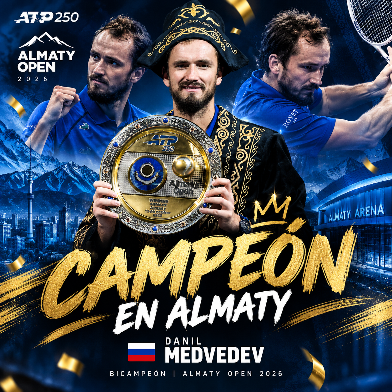 Medvedev es campeón del Almaty Open 2026 tras remontar ante Basilashvili. Defendió por primera vez un título ATP y sumó su corona 25.