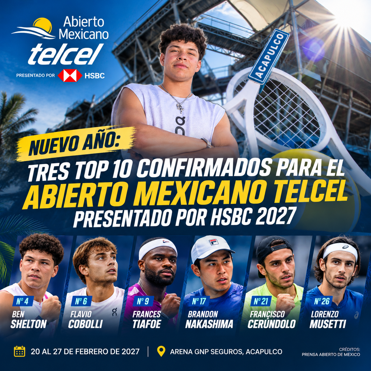ATP Acapulco 2027 confirmó a Shelton, Cobolli, Tiafoe y Cerúndolo. Conocé las seis figuras que jugarán el Abierto Mexicano del 20 al 27 de febrero.
