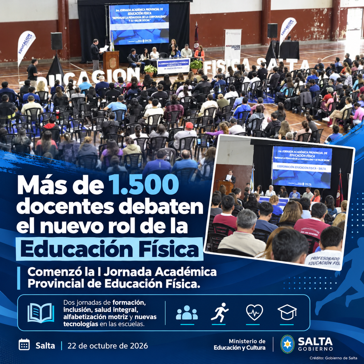 Más de 1.500 docentes participan en Salta de una jornada sobre Educación Física escolar, inclusión, salud integral y nuevas estrategias de enseñanza.