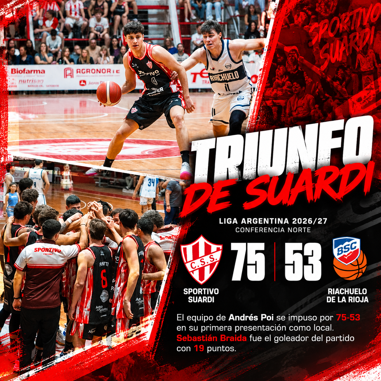 Sportivo Suardi venció 75-53 a Riachuelo en su debut como local por la Liga Argentina. Sebastián Braida fue la figura con 19 puntos.