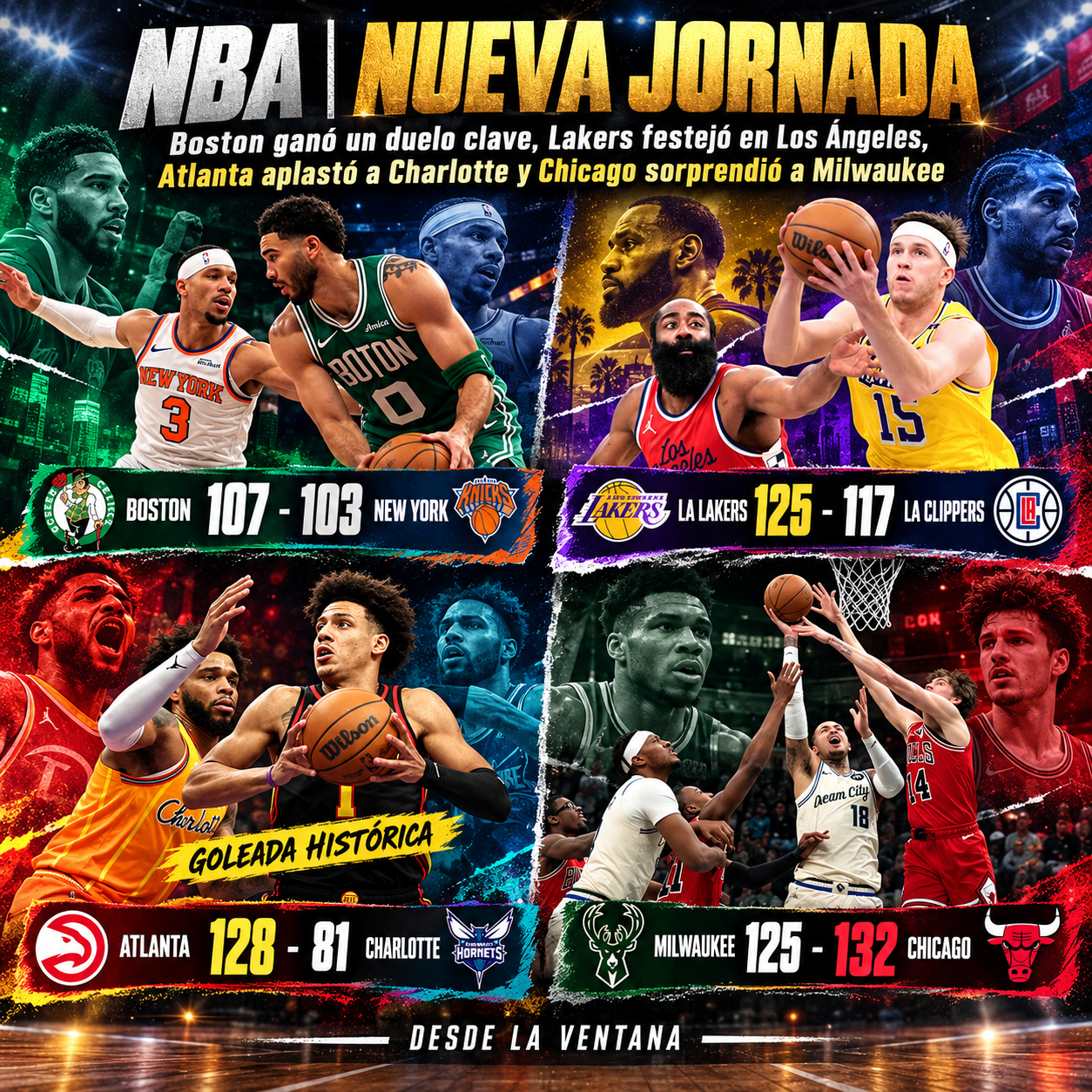 Boston derrotó a New York, Lakers ganó el clásico y Atlanta logró una goleada histórica. Resultados, estadísticas y figuras de la NBA.