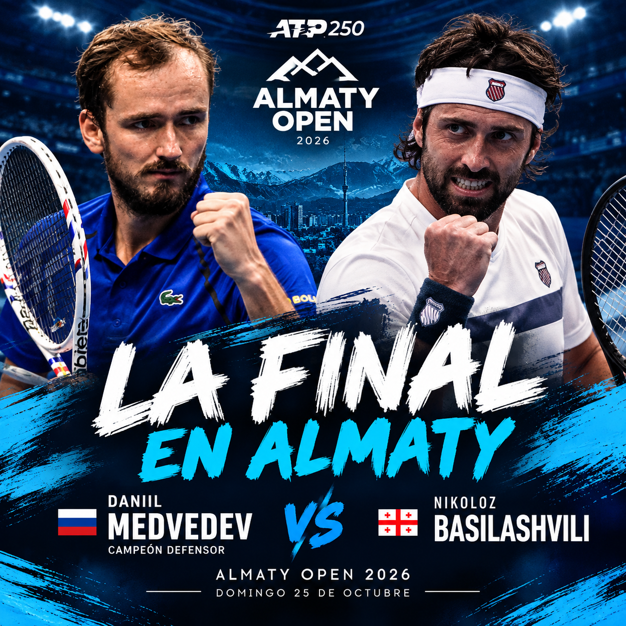 Medvedev jugará la final del Almaty Open 2026 ante Basilashvili, que eliminó a Tsitsipas. El ruso busca defender su título.
